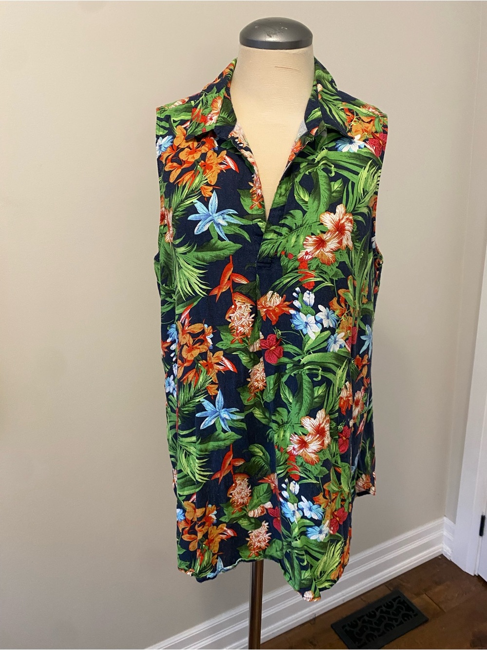 Navy Tropical Floral Sleeveless dress with Green Leaf Print and pockets